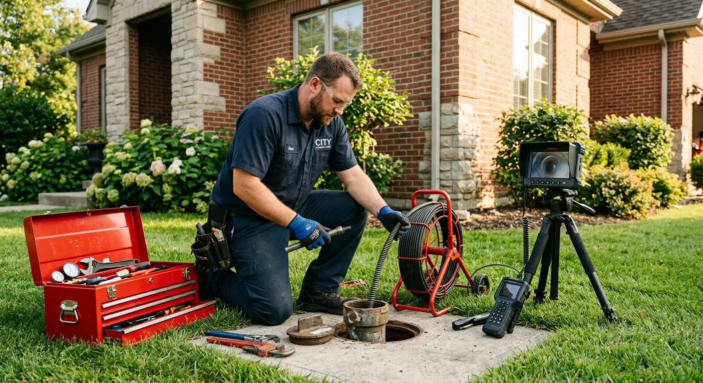 Sewer specialist with camera equipment servicing a cleanout in Sylvania