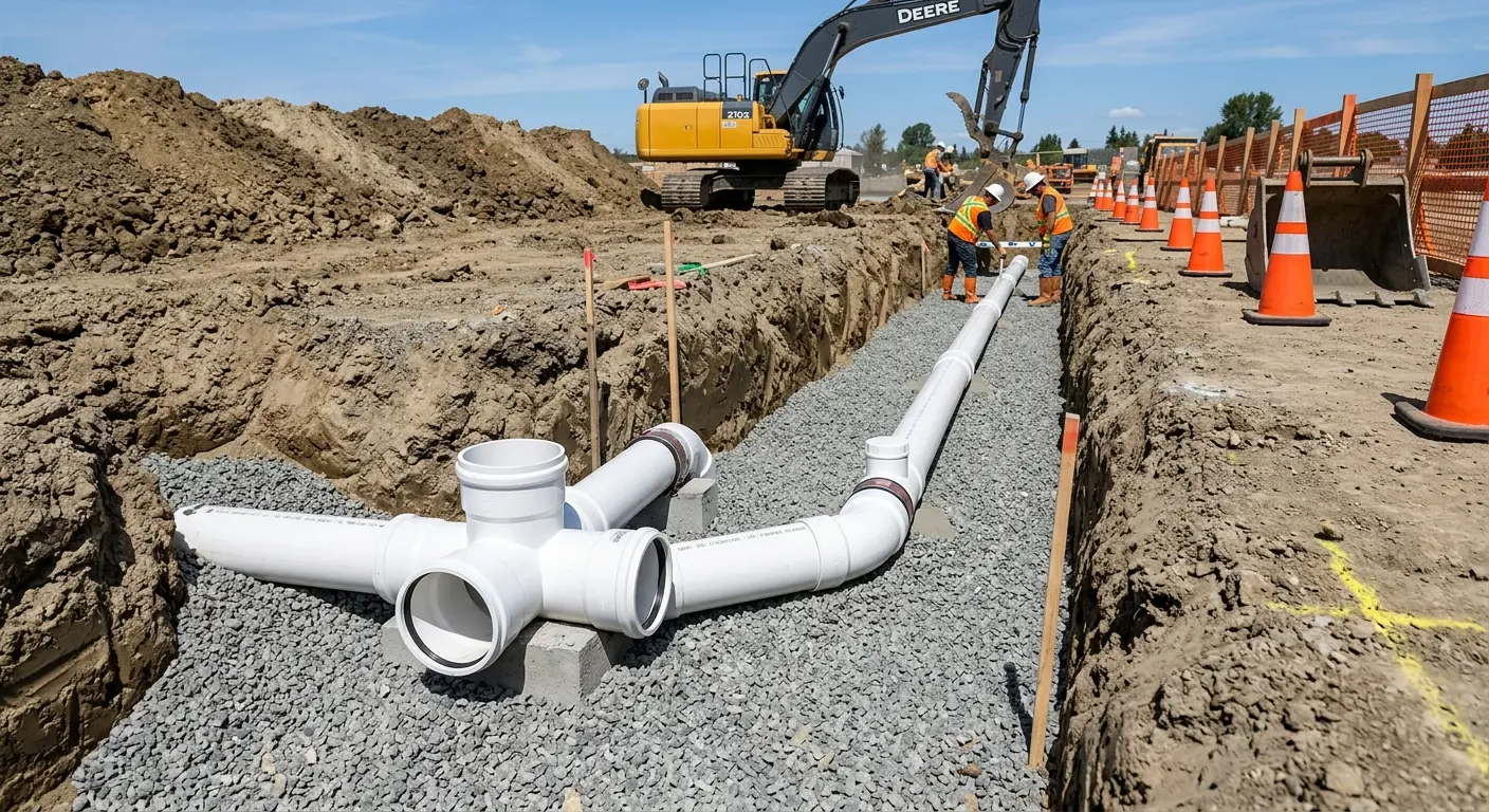 New PVC sewer pipe installation in open trench for Commercial Drain Cleaning in Sylvania