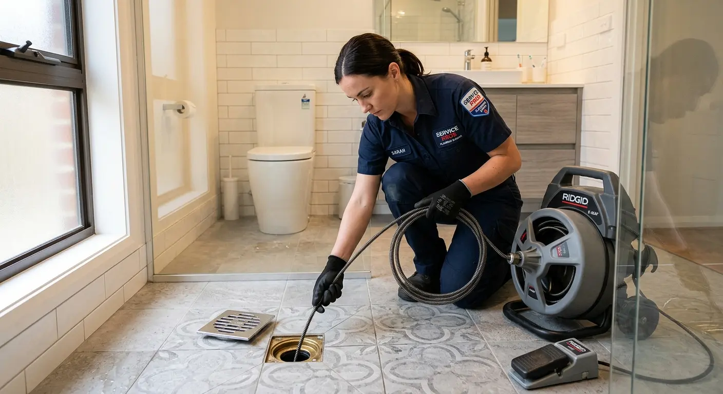 Technician clearing a bathroom floor drain for Hydro Jetting in Sylvania